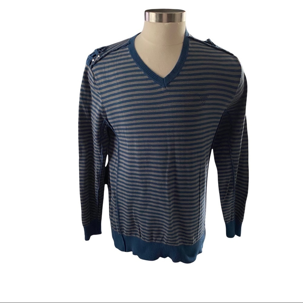 Guess Blue Grey Striped Sweater Pullover V-Neck Long Sleeve Logo on Chest Men XL